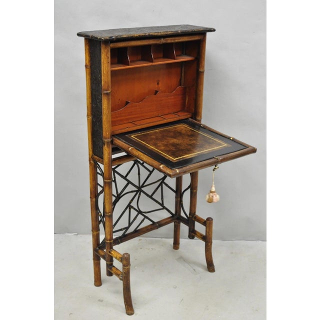 Antique English Victorian Bamboo Chinoiserie Compact Fall Front Narrow Secretary Writing Desk with Hand Painted Lacquered...
