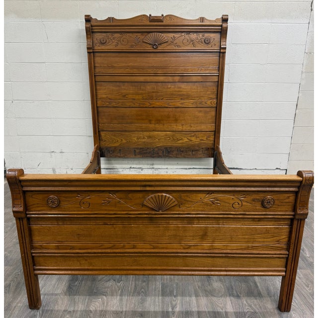 Victorian Antique Full Size Victorian Eastlake Carved Oak High Back Bed For Sale - Image 3 of 16