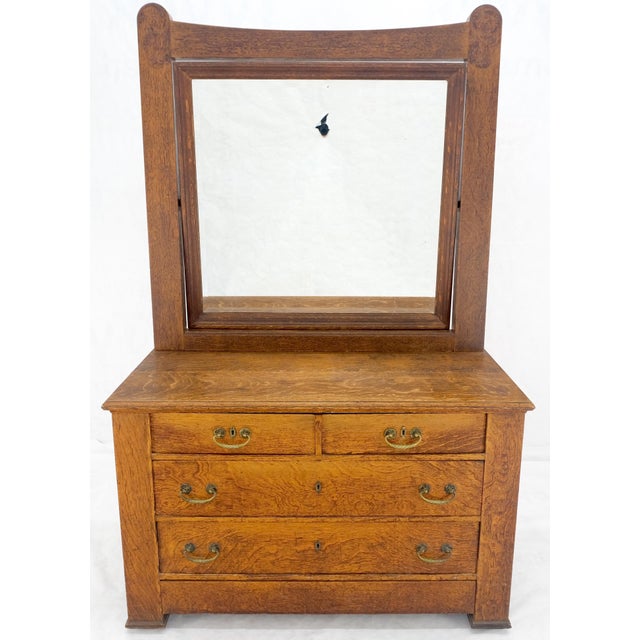 Brown Massive Solid Oak Arts & Crafts 4 Drawers Dresser with Swivel Mirror For Sale - Image 8 of 12