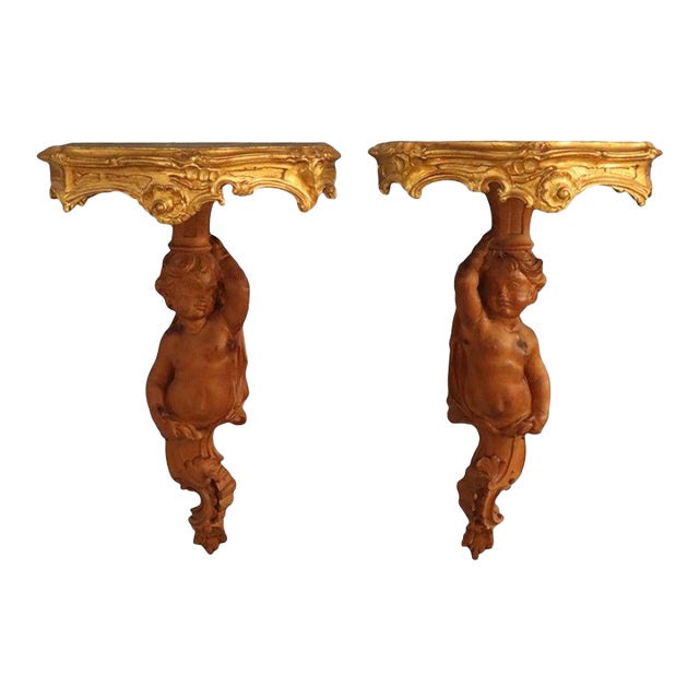 Pair of Antique French Louis XIV Carved Figural Cherub Wood Sconces For Sale