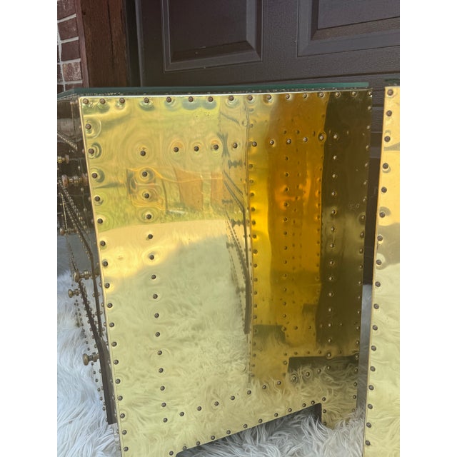 Pair of Vintage Hollywood Regency Brass-Clad Riveted Nightstands With Glass Tops For Sale - Image 6 of 12
