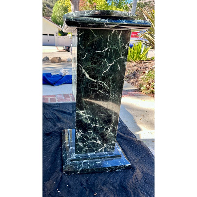 Custom Italian Postmodern Verde Alpi Marble Display Pedestal With Rotating Stone Top For Sale - Image 4 of 8