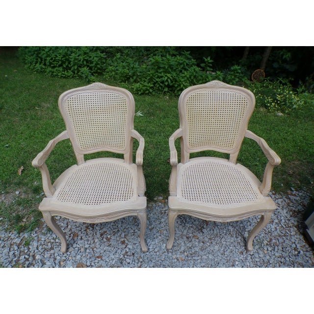 Vintage Pair Harris Marcus Italian Double Cane Arm Chairs Carved Accent Chairs For Sale - Image 12 of 18