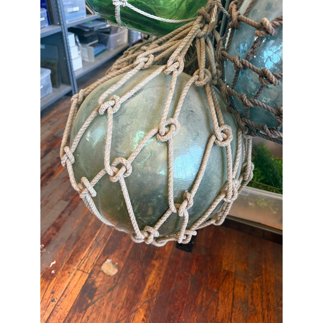 Antique Japanese Glass Fishing Floats – Hand‑Blown Green Glass With Rope Netting For Sale In Chicago - Image 6 of 6