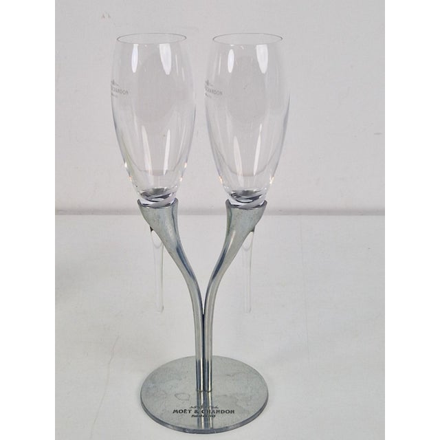 Silver Crystal Champagne Flutes in Holder by Philippe Di Meo for Moët & Chandon, 1980s, Set of 2 For Sale - Image 8 of 14