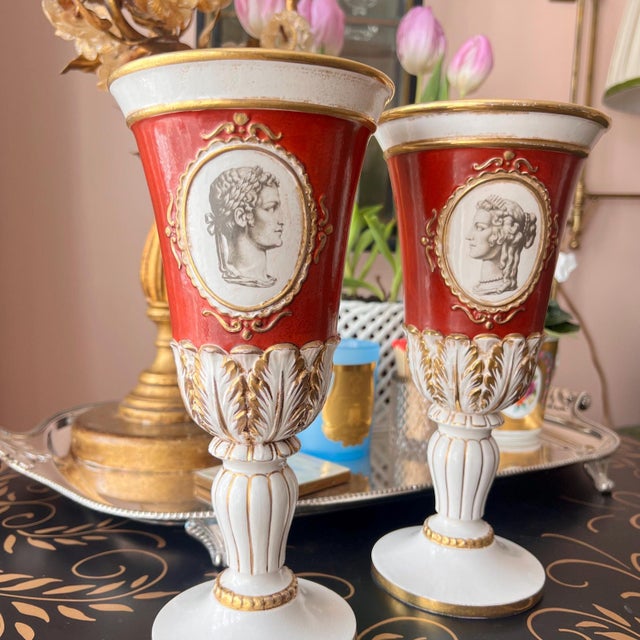 Ceramic 1960s Beautiful pair of Italian ceramic vases // cameo // classical design // gilt rim // ceramic planter // Roman busts // intaglio style For Sale - Image 7 of 17