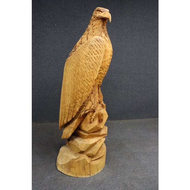 Large Hand-Carved Pine Bald Eagle Sculpture on Saw-Cut Base For Sale - Image 11 of 13