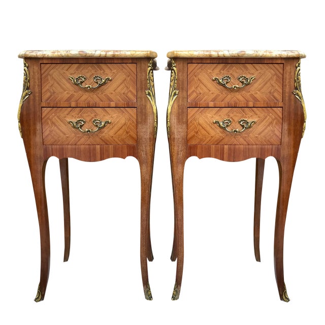 Antique Louis XV French Marquetry Marble Top Nightstands, Set of 2 For Sale