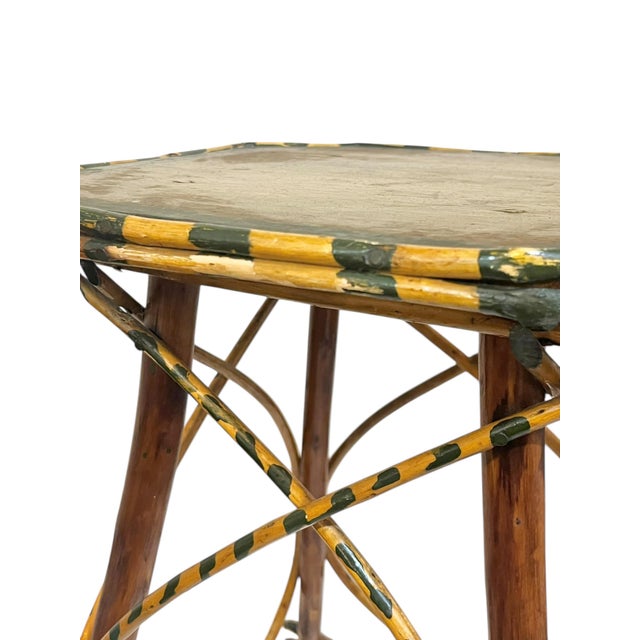 Rustic Adirondack Twig Side Table With Hand-Painted Green Accents – Folk Art Cabin Style For Sale - Image 6 of 17