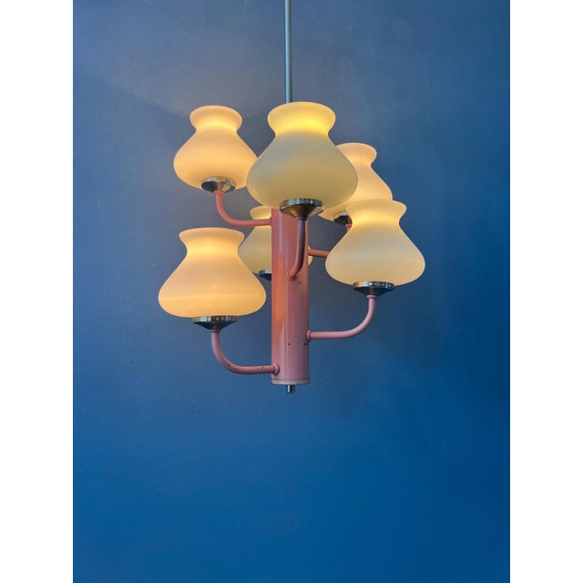 Mid-Century White Opaline Glass Chandelier with Pink Frame For Sale - Image 13 of 13