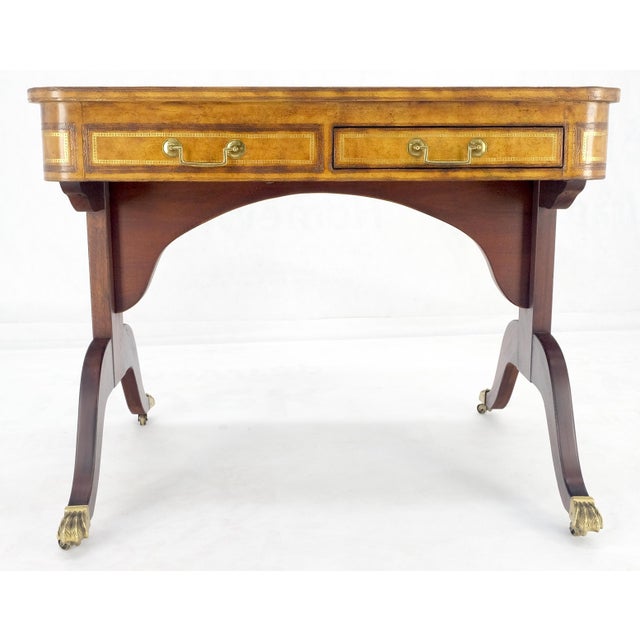 Flit Top Chess Board Backgammon Tooled Leather Top Two Drawers Game Table For Sale - Image 9 of 12