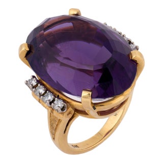 Mid 20th Century Retro 25.40 Carat Amethyst Diamond 14k Yellow Gold Cocktail Ring, Size 3.75 For Sale