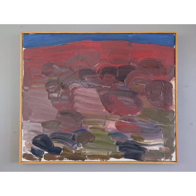 CRIMSON HORIZONS Size: 22 x 26.2 inches (including frame) Oil on canvas A dynamic and emotive mid-century abstract...