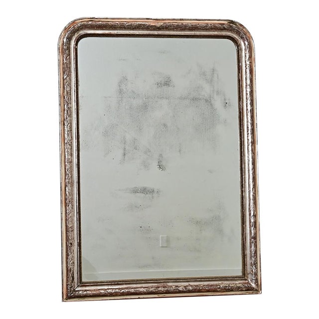 A French 19th century Louis Philippe mirror in an arched, silver gilt frame enhanced by dark oxidation and craquelure...