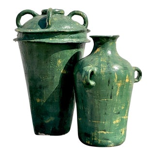 Vintage Boho Hand Painted Clay Urns - Set of 2 For Sale
