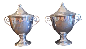 German Cup-Shaped Lidded Boxes in Silver-Plated Metal with Spoon Holders and Handcrafted Decor by Robbe & Berking, 1960s, Set of 2