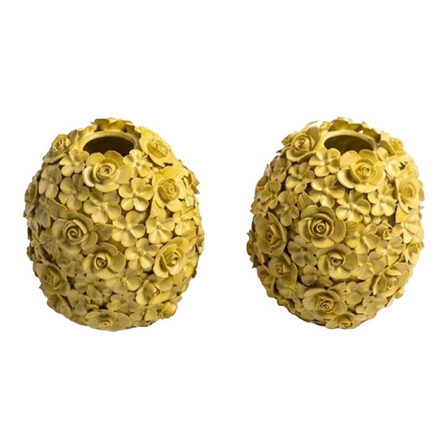 Pair of Vintage Italian Majolica Ceramic Floral Ball Vases For Sale