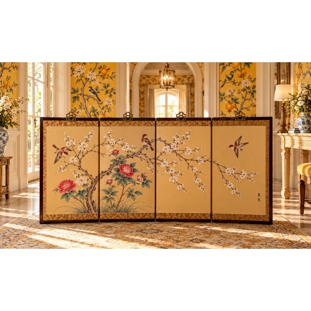 Paint The Poetry of Spring – Vintage Chinese Four-Panel Folding Screen, Hong Kong, Circa 1960s For Sale - Image 7 of 8