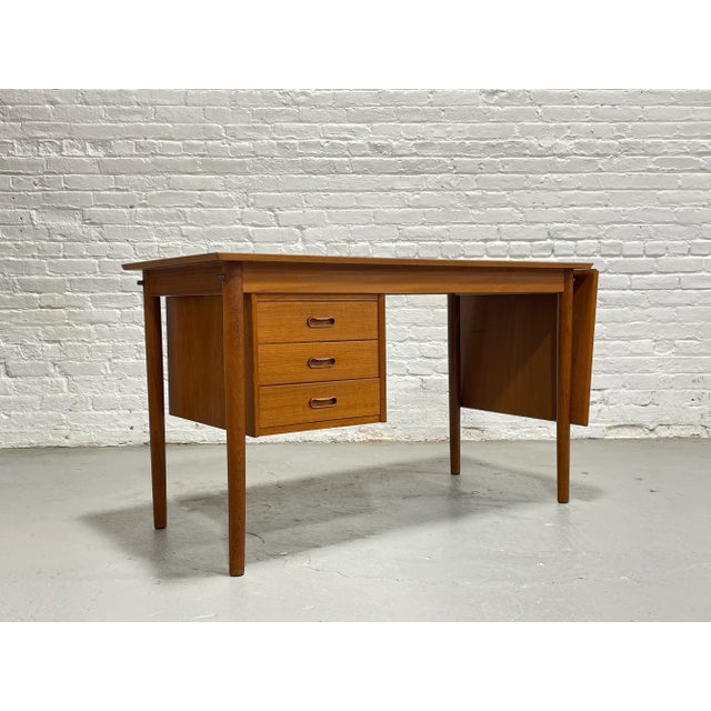 Mid Century Modern Teak Double Sided Desk | Expandable Danish Drop Leaf Desk, 1960's For Sale - Image 9 of 16