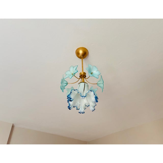 Vintage Custom Hand-Painted Italian Murano Style Light Blue Floral Pendant - Restored For Sale - Image 13 of 17