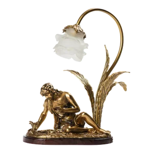 Mid-Century French Bronze Sculptural Table Lamp, Figure Young Man Looking Into the Lake