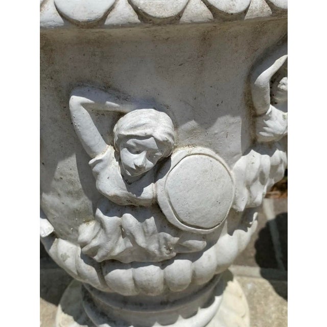 Vintage Pair of Neoclassical Cast Stone Bacchanalian Garden Urns For Sale - Image 12 of 12