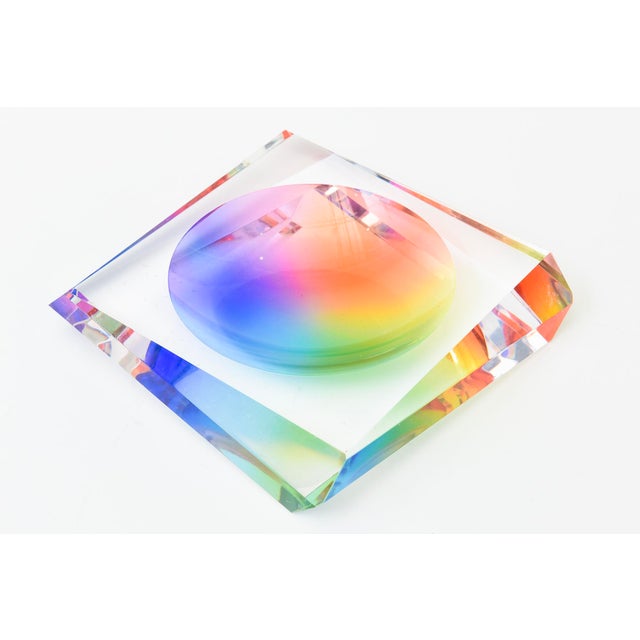 This rainbow op art contemporary angled lucite bowl changes color from every direction. It has the style of Victor...