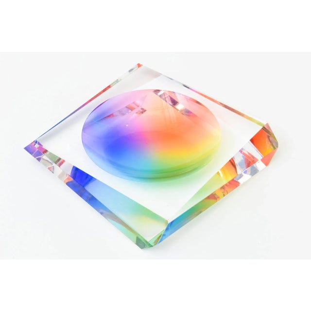 This rainbow op art angled lucite bowl changes color from every direction. It has the style of Victor Vasarely. Each side...