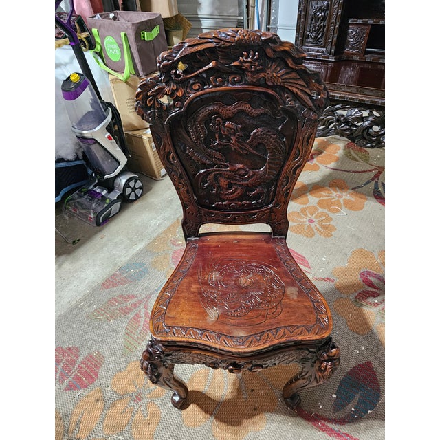 Antique Japanese Meiji Mt. Fuji Dragon Carved Desk & Chair Set of 2 For Sale - Image 13 of 18