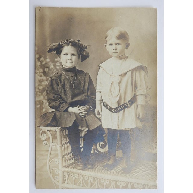 Traditional Early 20th Century Children Girl and Boy Scout Photograph For Sale - Image 3 of 3