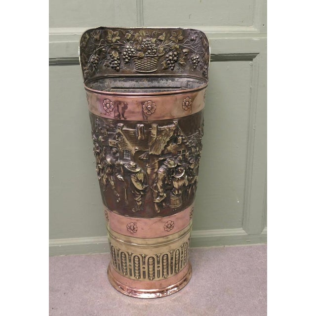 Very Large French Arts and Crafts Embossed Brass Stick Stand. This is an impressive piece it is made in copper and brass...