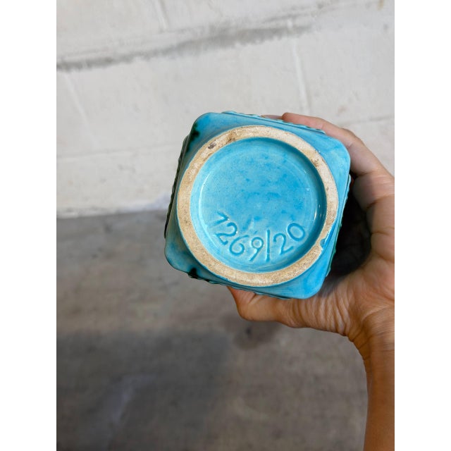 Blue Ceramic Vase With Relief Geometric Pattern West Germany Mid-Century Modern 1970s For Sale - Image 8 of 10