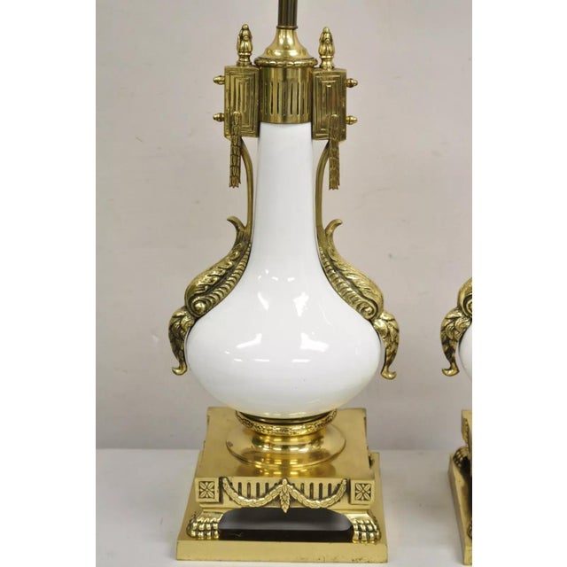 Neoclassical Vintage French Empire Neoclassical White Porcelain Brass Ormolu Table Lamp Pair For Sale - Image 3 of 12