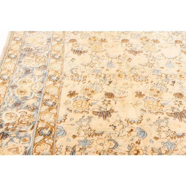 Authentic 19th Century Persian Tabriz Beige Blue Handmade Wool Carpet For Sale - Image 4 of 8