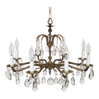 Antique 8 Arm Dark Patina Opulent Brass Cut Lead Glass Crystal Chandelier For Sale