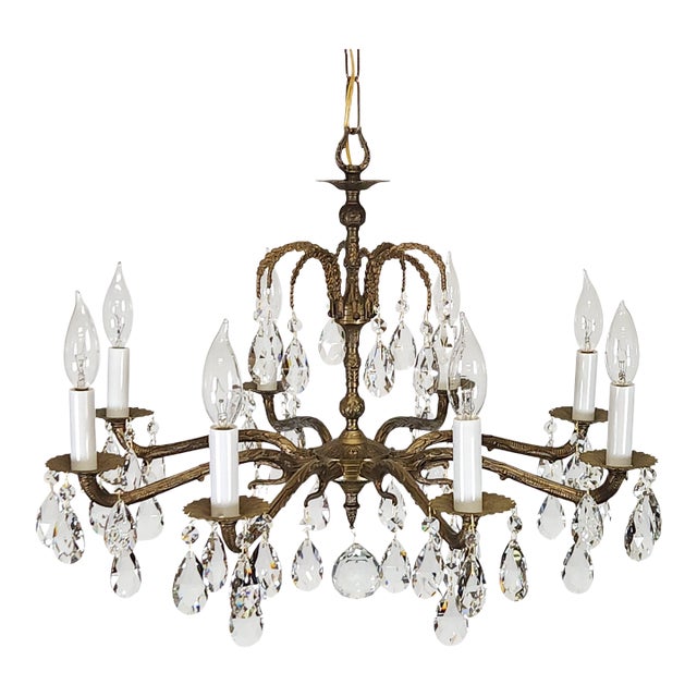 Antique 8 Arm Dark Patina Opulent Brass Cut Lead Glass Crystal Chandelier For Sale