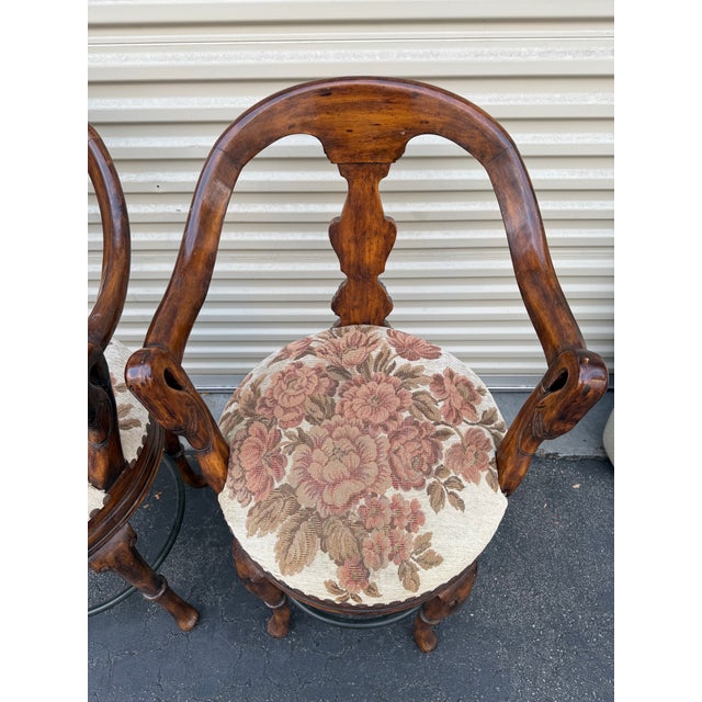 Maitland - Smith 1990s Attributed to Maitland-Smith Carved Wood Swivel Bar Stools With Upholstered Seats - Pair For Sale - Image 4 of 11