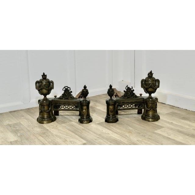 Metal Large Antique French Brass Chenets, Set of 2 For Sale - Image 7 of 7