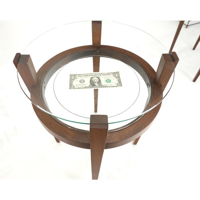 Pair Two Tier Glass Top Shelf Oiled Walnut Round End Side Occasional Table MINT!