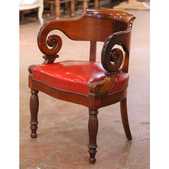 Mid 19th Century 19th Century French Louis Philippe Carved Walnut and Leather Desk Armchair For Sale - Image 5 of 9