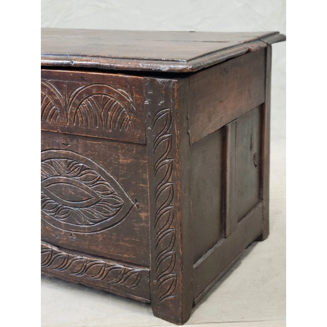 Brown Antique 1800s English Carved Oak Coffer Storage Trunk Box For Sale - Image 8 of 12