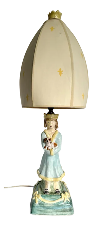 1940's Artist-Signed Storybook Ceramic Girl With Dog Table Lamp