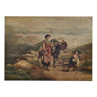 Unknown Artist, Rural Scene with a Woman, Child and Donkey, Print on Canvas, Framed For Sale