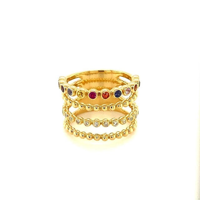 Contemporary Multi Color Sapphire Diamond Yellow Gold Band, Size 7 For Sale - Image 3 of 9