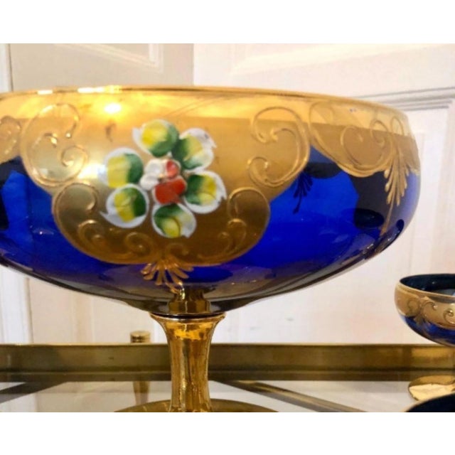 Vintage Venetian Tre-Fuochi Murano Dessert Set with Fruit Goblet and Coupes in Cobalt Blue and 24kt Gold-Plated Enamel, 1920s, Set of 7 For Sale - Image 6 of 9