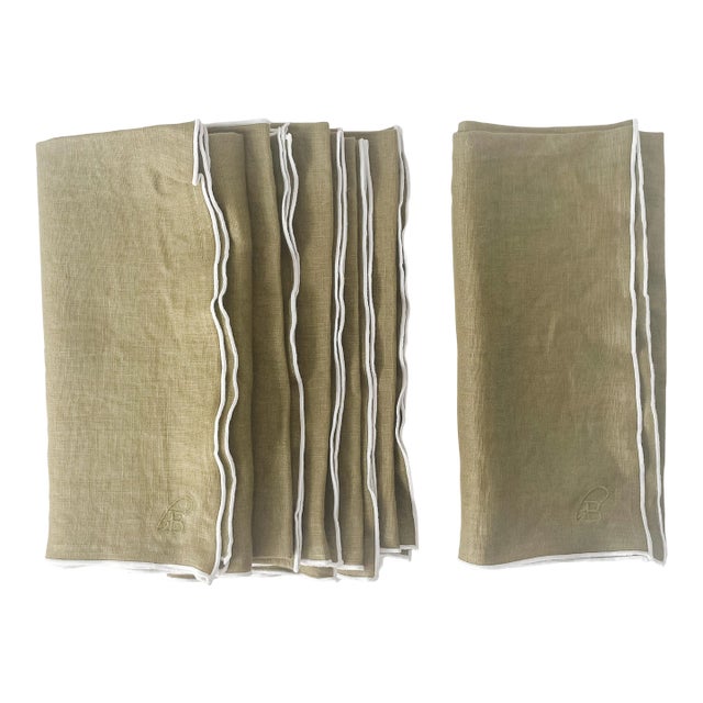 Moss with White Trim Linen Dinner Napkin - Set of 6 For Sale