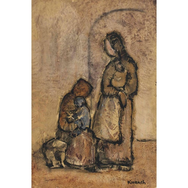 Ivan Kurach, Family of Three, Mid Century Gouache on Paper For Sale