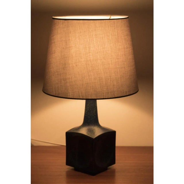 Amazing Knabstrup Atelier table lamp from Denmark, 1960s. The lamp has a beautiful blue glazed ceramic base with a grey...