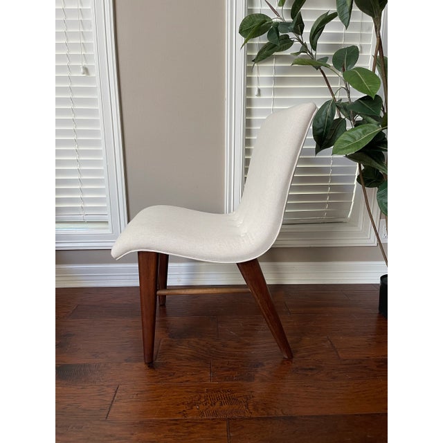 Off-white Set of Four Vintage 1950s Walnut and Linen Dining Chairs After Conant Ball For Sale - Image 8 of 12