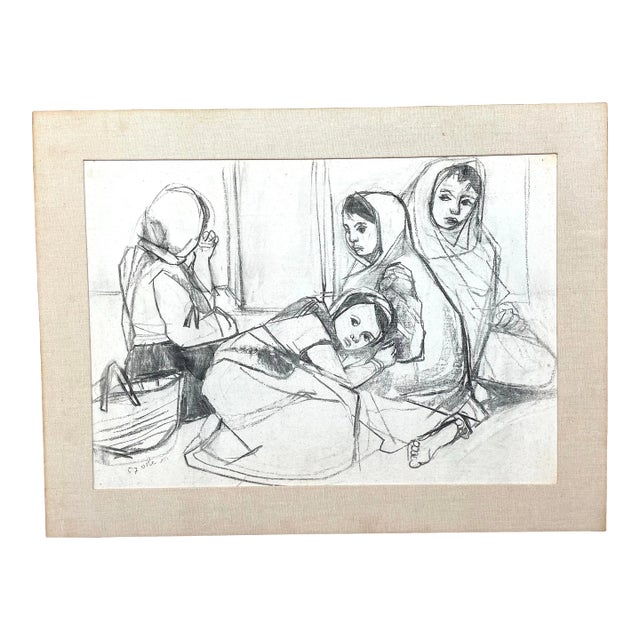 1957 Ruth Schloss Mixed Media Painting of Israeli Girls For Sale